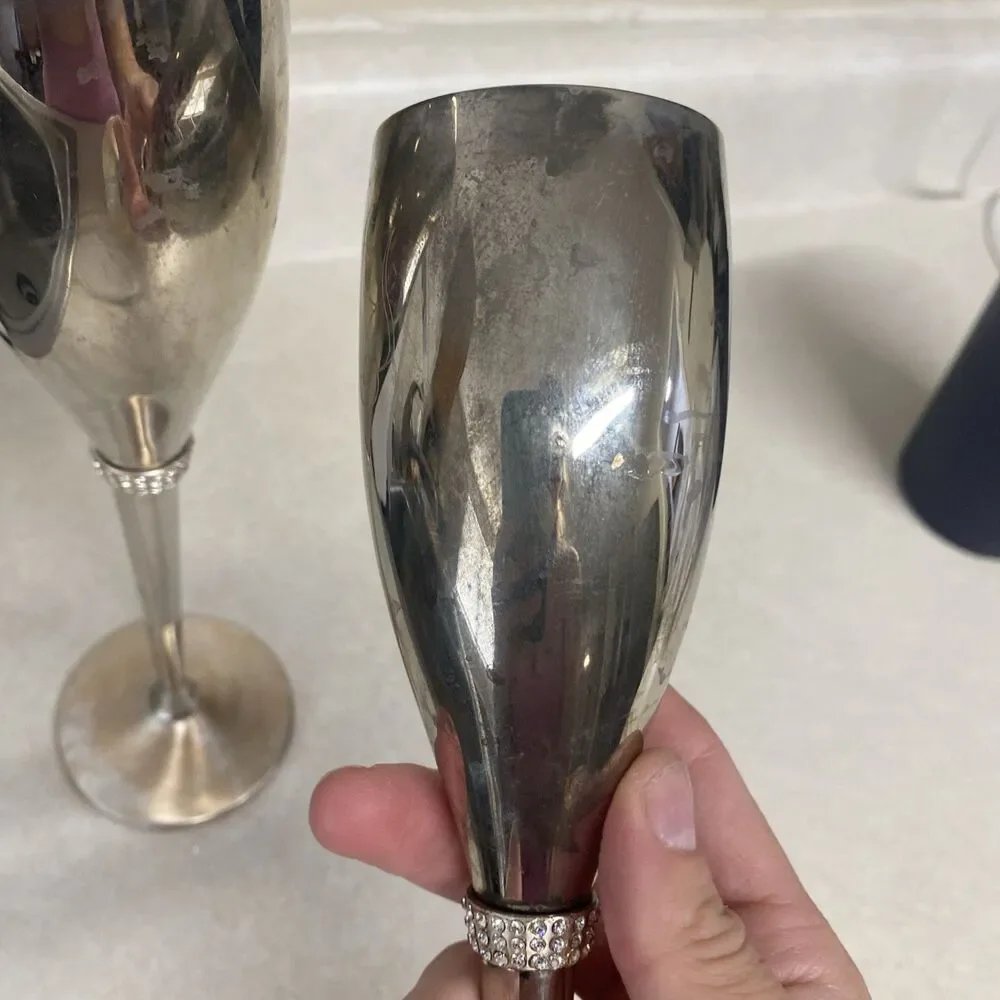 Things Remembered Silver Plated Swarovski Crystal Champagne Toasting Flutes Set
